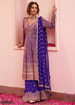 Royal Purple Georgette Heavy Embroidered Palazzo Set with Sequin and beadwork