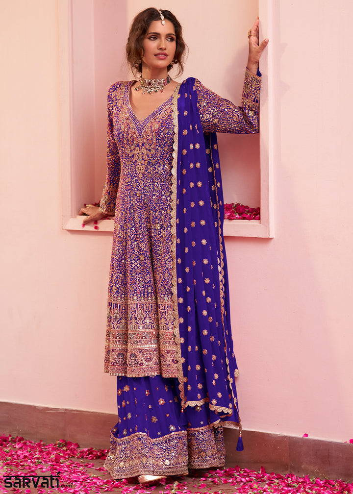 Royal Purple Georgette Heavy Embroidered Palazzo Set with Sequin and beadwork