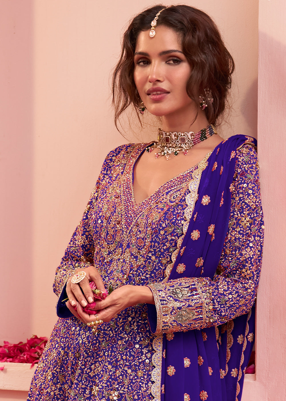Royal Purple Georgette Heavy Embroidered Palazzo Set with Sequin and beadwork