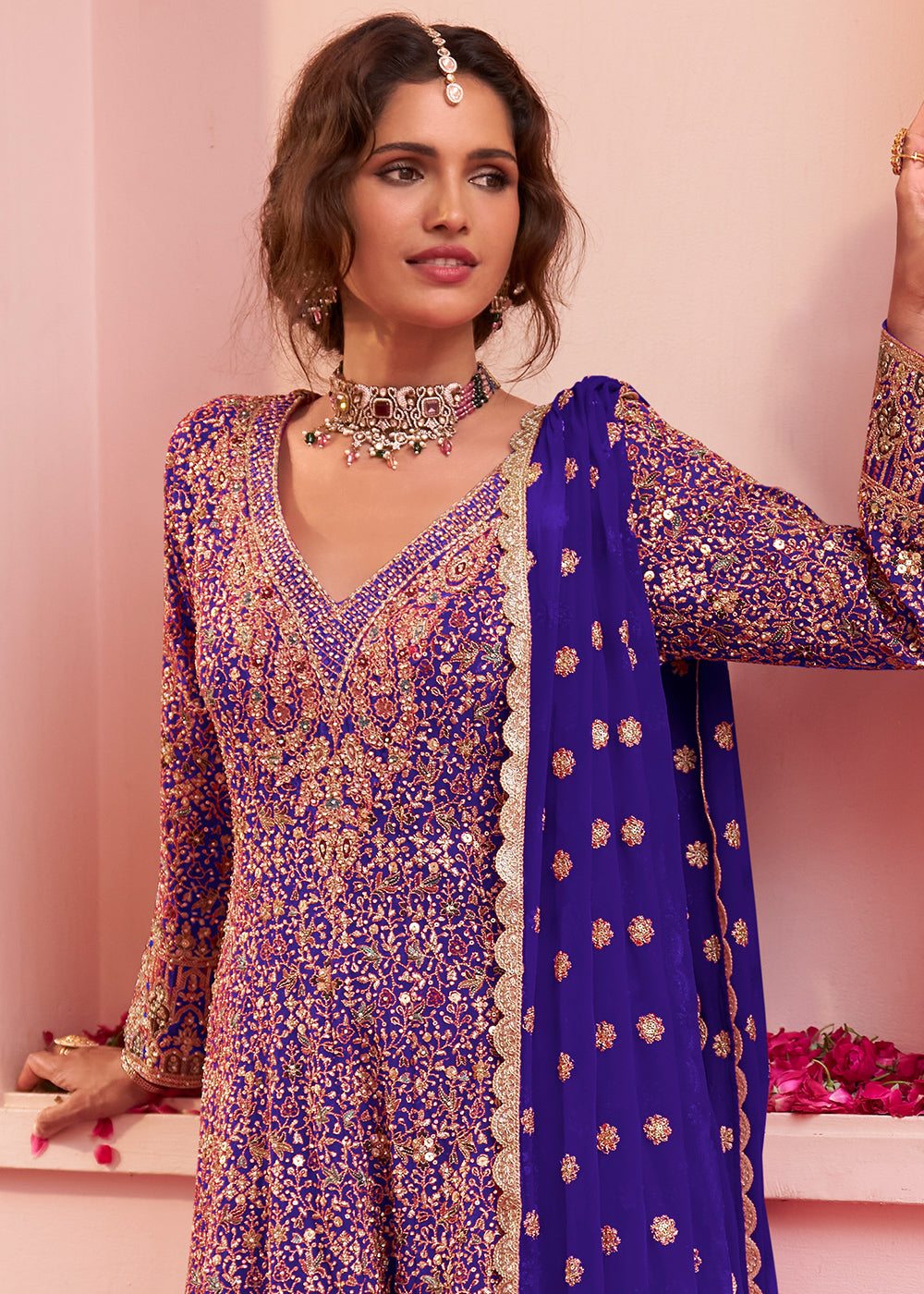 Royal Purple Georgette Heavy Embroidered Palazzo Set with Sequin and beadwork
