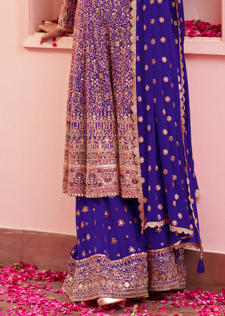 Royal Purple Georgette Heavy Embroidered Palazzo Set with Sequin and beadwork