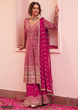 Magenta Pink Georgette Heavy Embroidered Palazzo Set with Sequin and beadwork