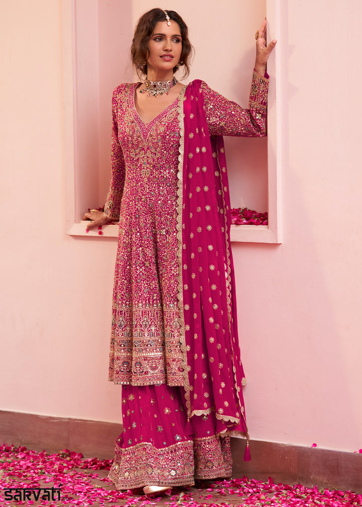 Magenta Pink Georgette Heavy Embroidered Palazzo Set with Sequin and beadwork