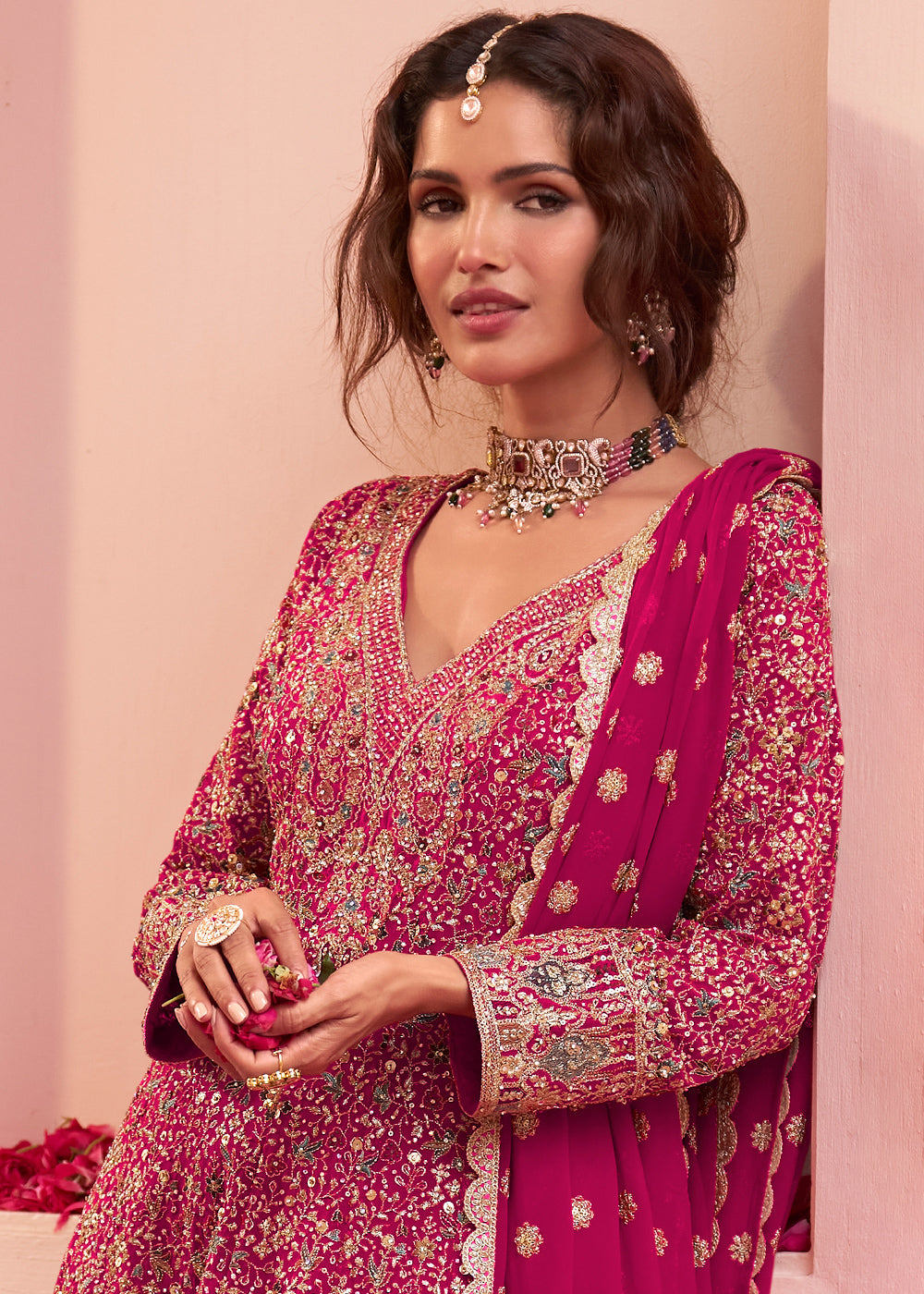 Magenta Pink Georgette Heavy Embroidered Palazzo Set with Sequin and beadwork