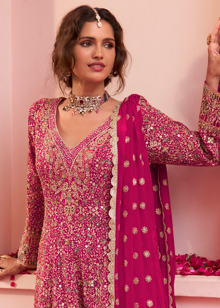 Magenta Pink Georgette Heavy Embroidered Palazzo Set with Sequin and beadwork