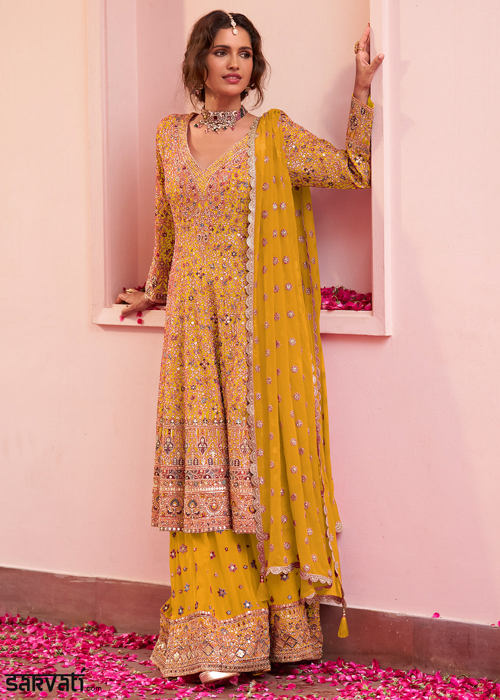 Mustard Yellow Georgette Heavy Embroidered Palazzo Set with Sequin and beadwork