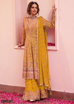 Mustard Yellow Georgette Heavy Embroidered Palazzo Set with Sequin and beadwork