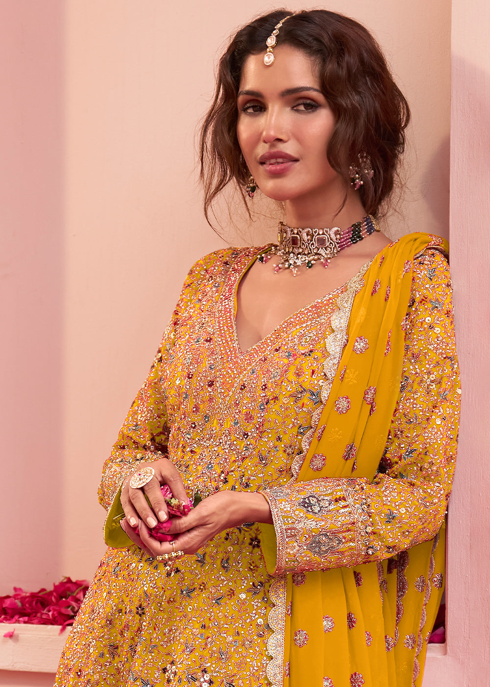 Mustard Yellow Georgette Heavy Embroidered Palazzo Set with Sequin and beadwork