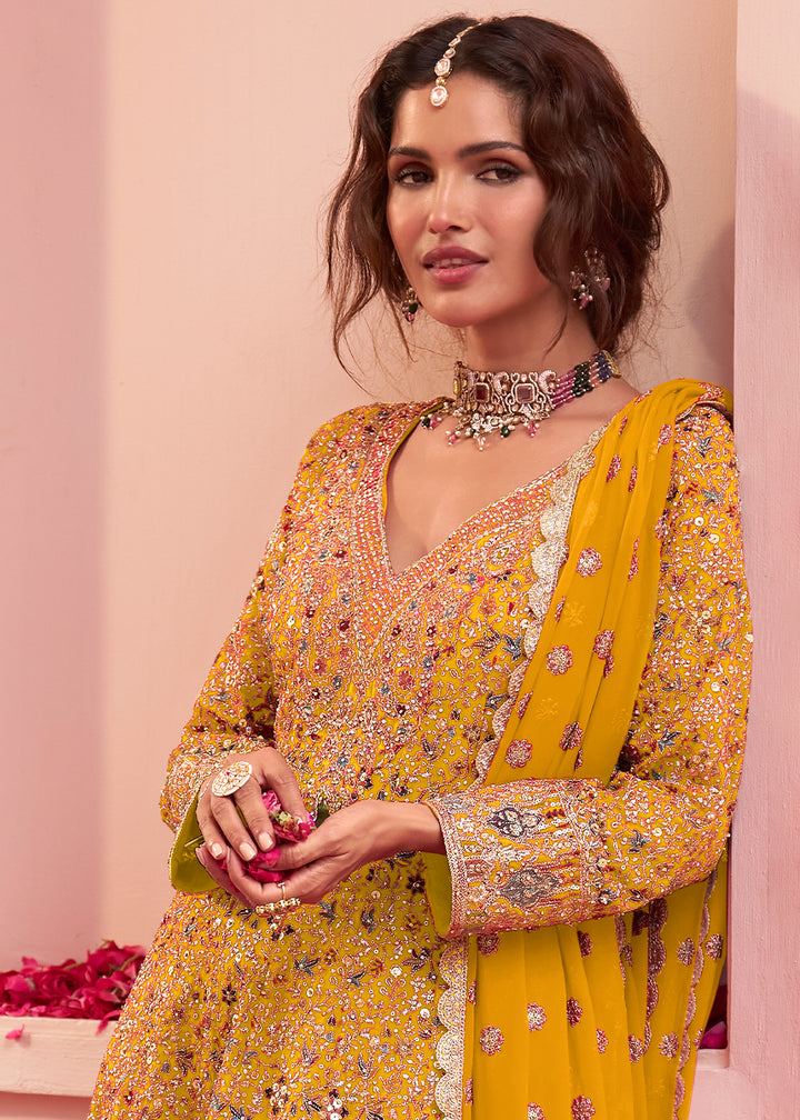 Mustard Yellow Georgette Heavy Embroidered Palazzo Set with Sequin and beadwork