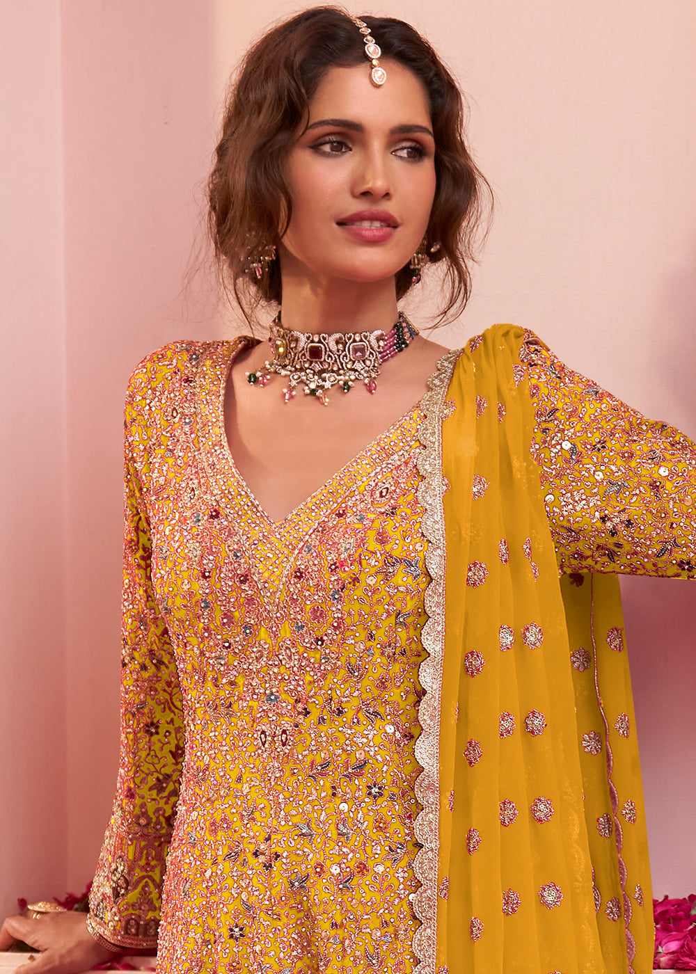 Mustard Yellow Georgette Heavy Embroidered Palazzo Set with Sequin and beadwork
