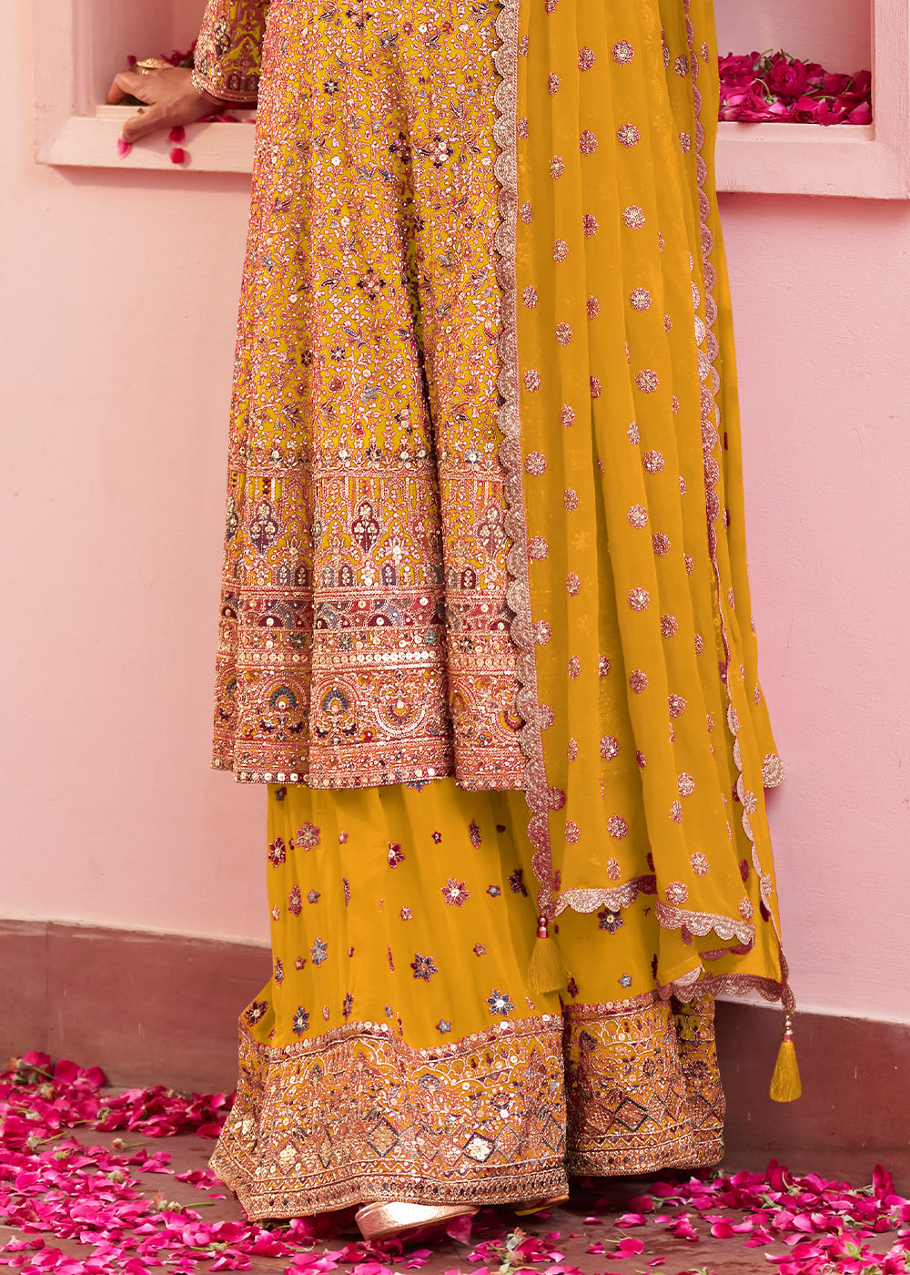Mustard Yellow Georgette Heavy Embroidered Palazzo Set with Sequin and beadwork