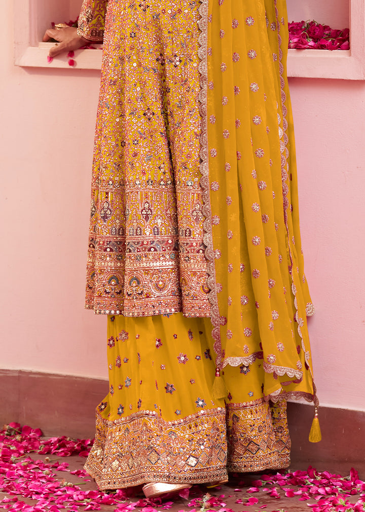 Mustard Yellow Georgette Heavy Embroidered Palazzo Set with Sequin and beadwork