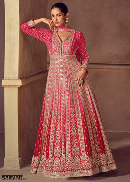 Shades of Pink Ombre Chinon Silk Anarkali Gown with Heavy Embroidery & Sequin Threadwork