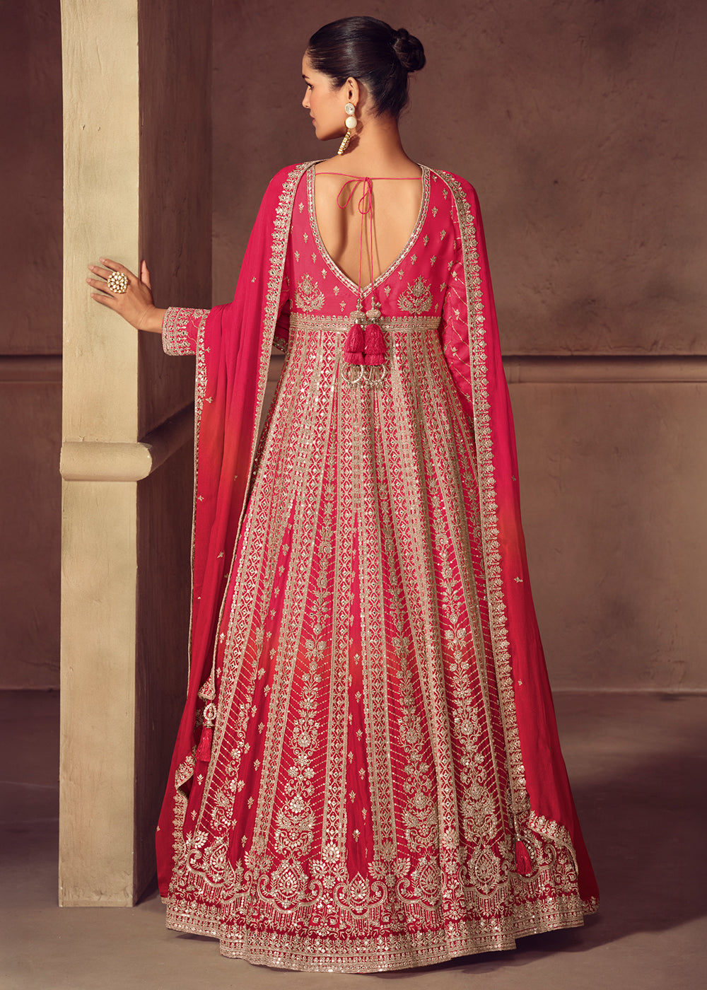 Shades of Pink Ombre Chinon Silk Anarkali Gown with Heavy Embroidery & Sequin Threadwork