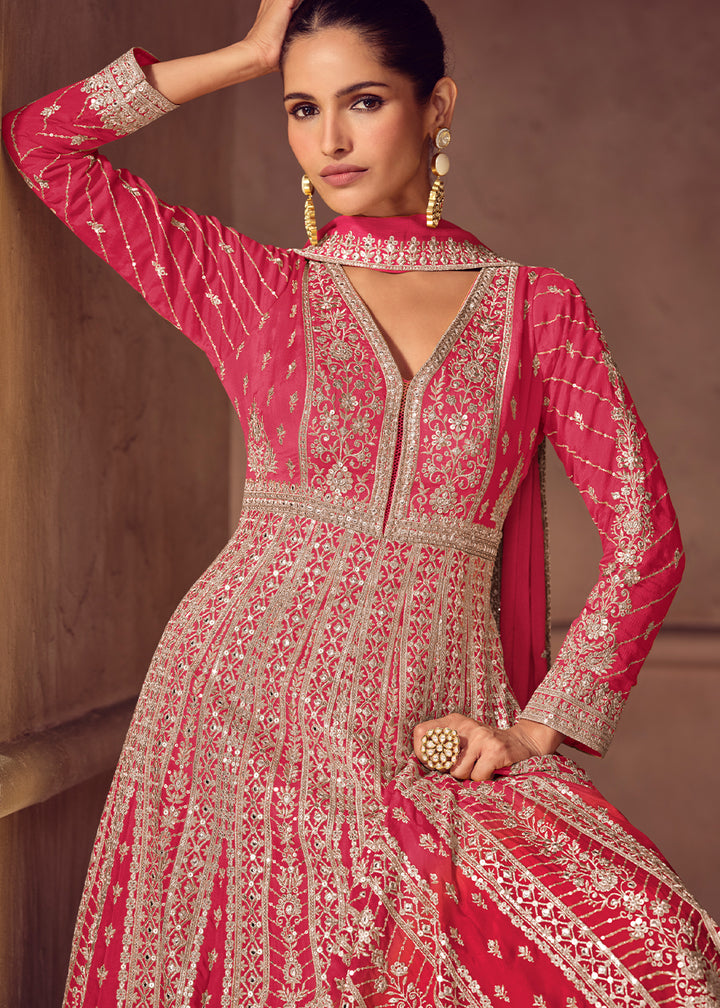Shades of Pink Ombre Chinon Silk Anarkali Gown with Heavy Embroidery & Sequin Threadwork