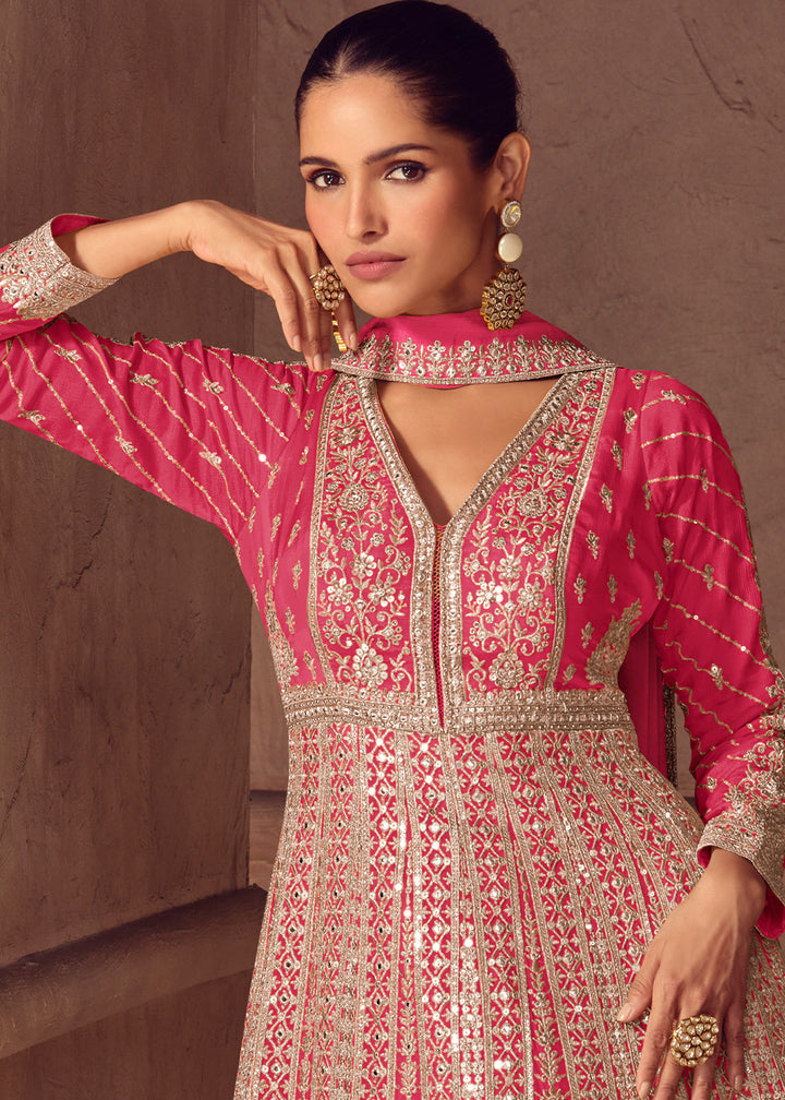 Shades of Pink Ombre Chinon Silk Anarkali Gown with Heavy Embroidery & Sequin Threadwork