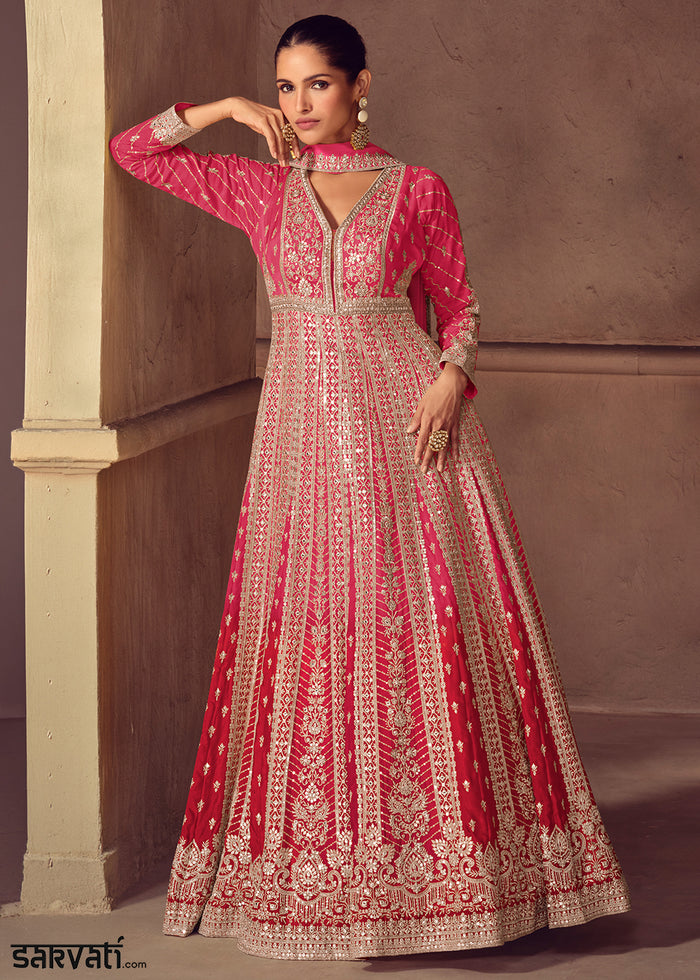 Shades of Pink Ombre Chinon Silk Anarkali Gown with Heavy Embroidery & Sequin Threadwork