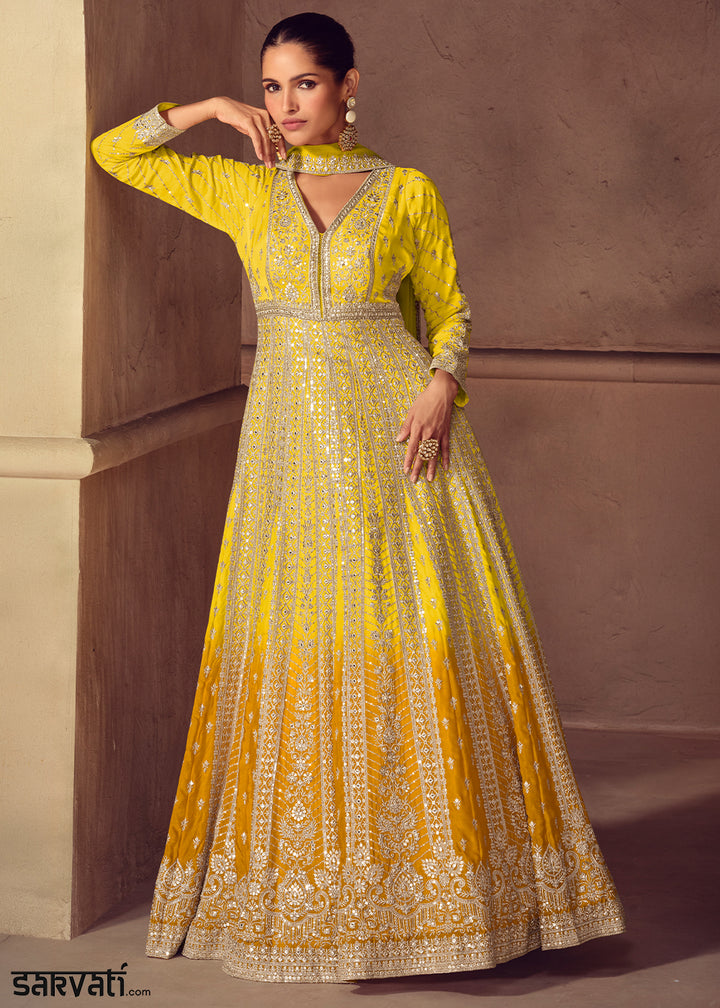 Shades of Yellow Ombre Chinon Silk Anarkali Gown with Heavy Embroidery & Sequin Threadwork