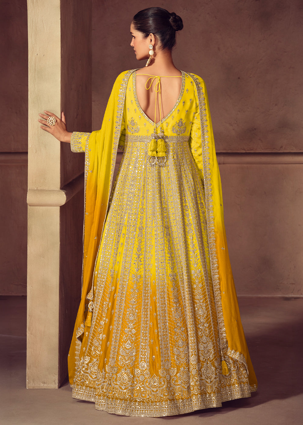 Shades of Yellow Ombre Chinon Silk Anarkali Gown with Heavy Embroidery & Sequin Threadwork
