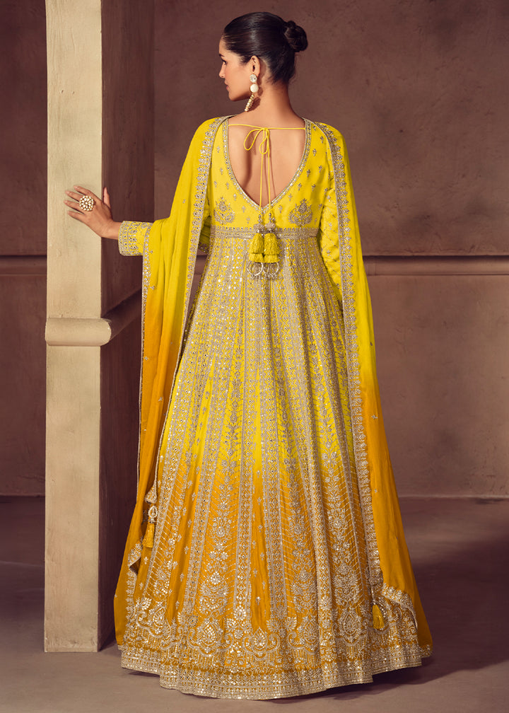 Shades of Yellow Ombre Chinon Silk Anarkali Gown with Heavy Embroidery & Sequin Threadwork