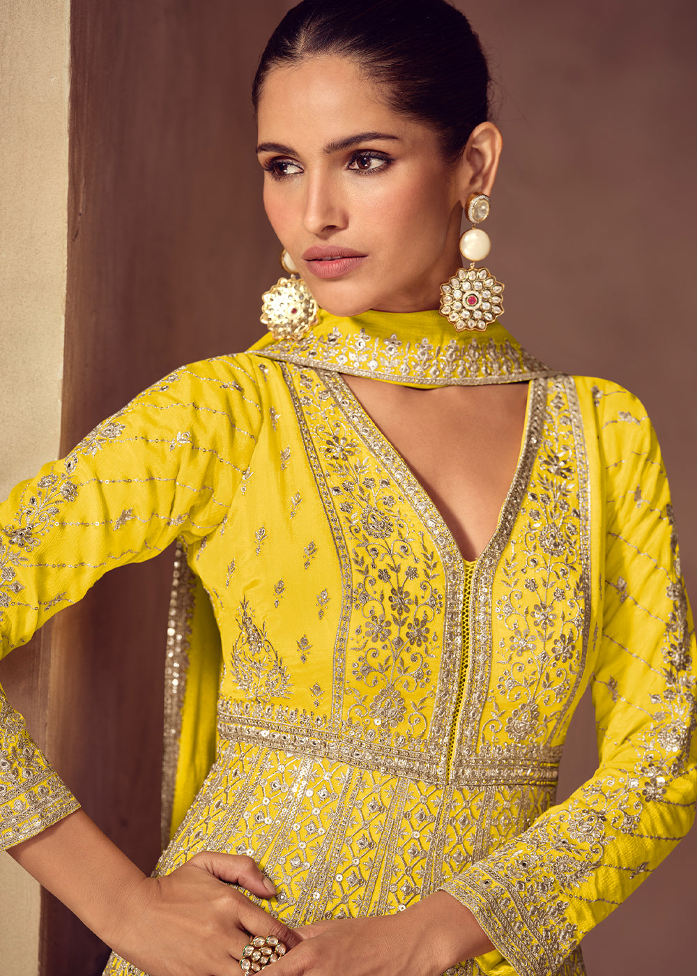 Shades of Yellow Ombre Chinon Silk Anarkali Gown with Heavy Embroidery & Sequin Threadwork