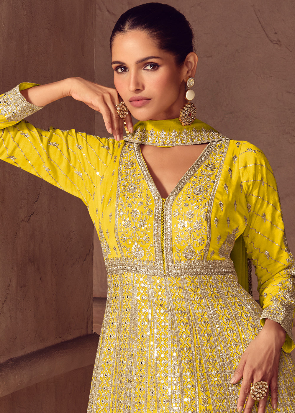 Shades of Yellow Ombre Chinon Silk Anarkali Gown with Heavy Embroidery & Sequin Threadwork