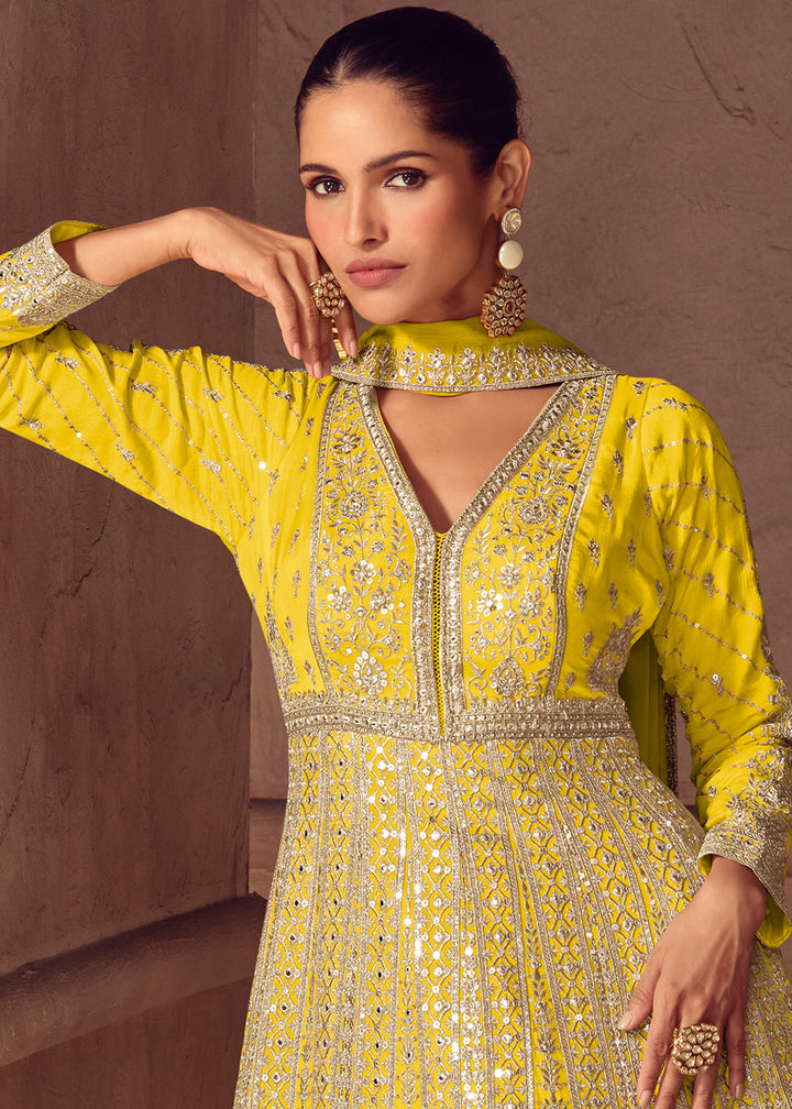 Shades of Yellow Ombre Chinon Silk Anarkali Gown with Heavy Embroidery & Sequin Threadwork
