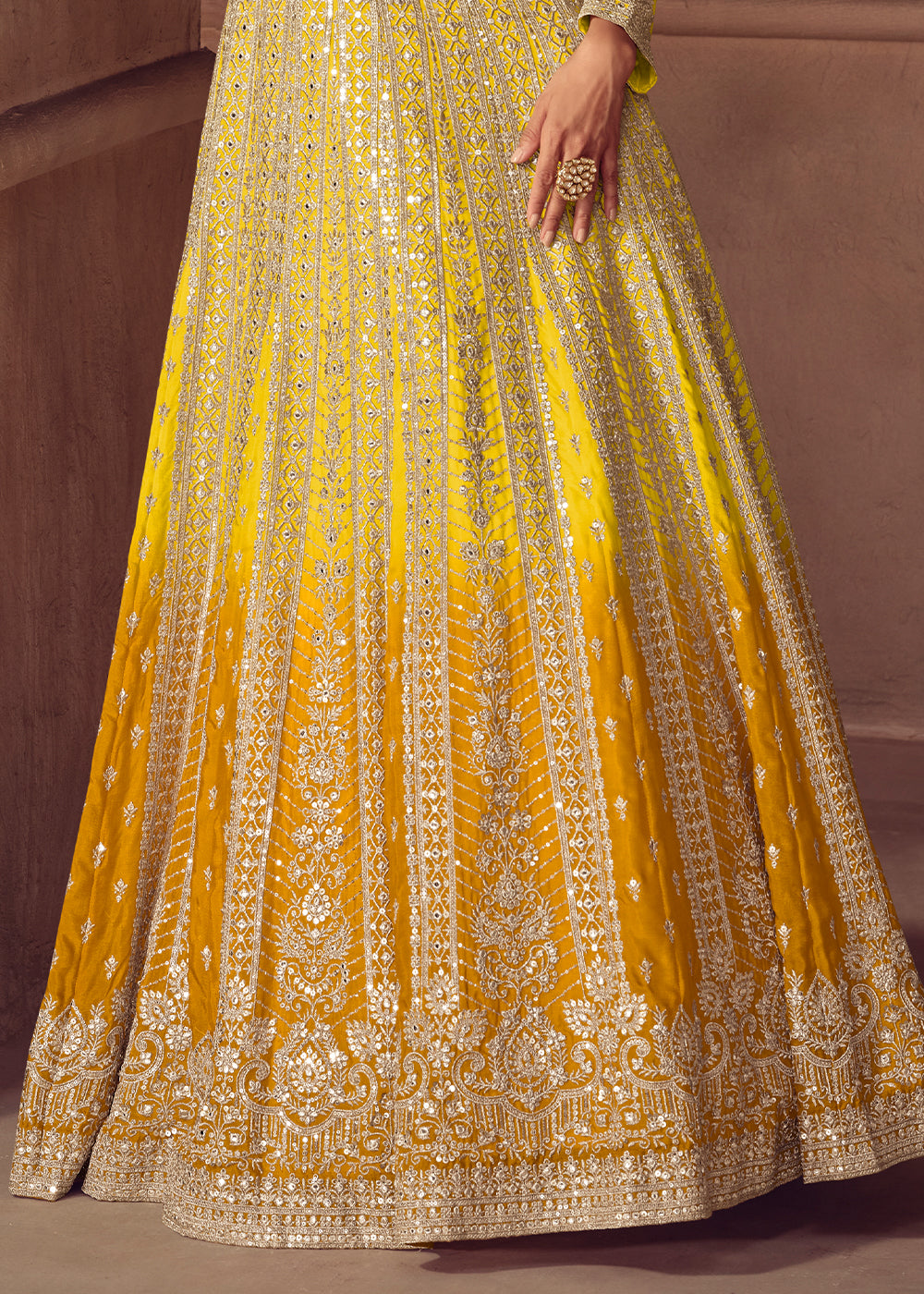 Shades of Yellow Ombre Chinon Silk Anarkali Gown with Heavy Embroidery & Sequin Threadwork