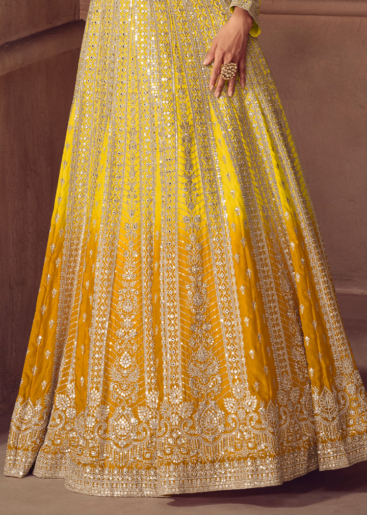 Shades of Yellow Ombre Chinon Silk Anarkali Gown with Heavy Embroidery & Sequin Threadwork