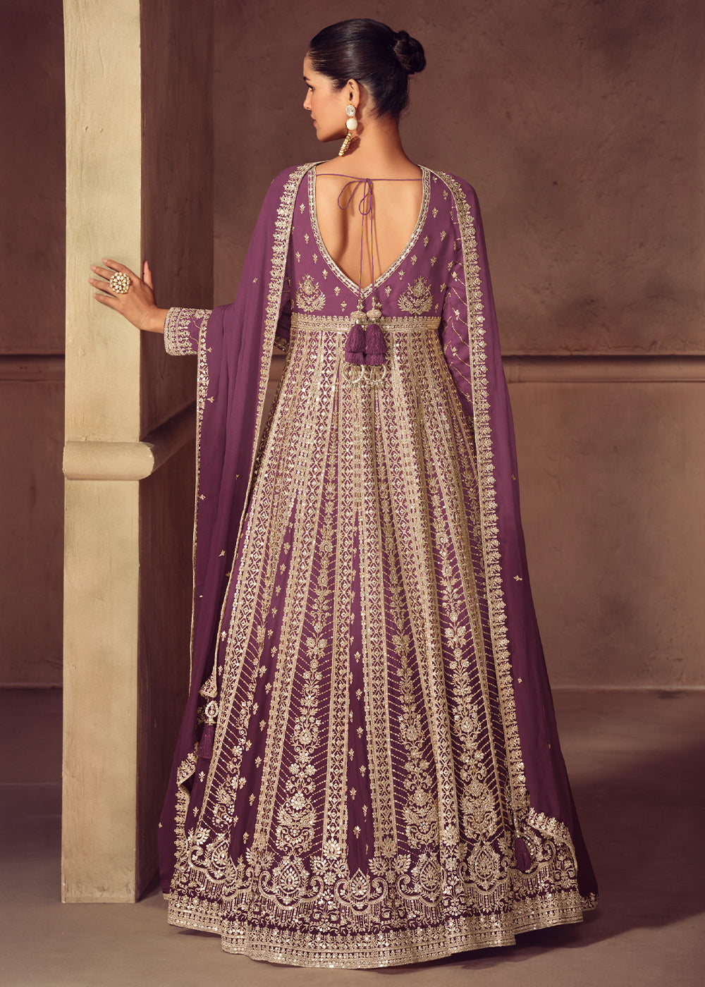 Shades of Purple Ombre Chinon Silk Anarkali Gown with Heavy Embroidery & Sequin Threadwork