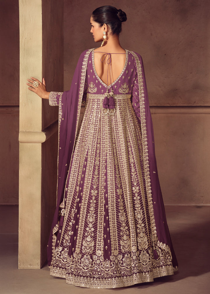 Shades of Purple Ombre Chinon Silk Anarkali Gown with Heavy Embroidery & Sequin Threadwork