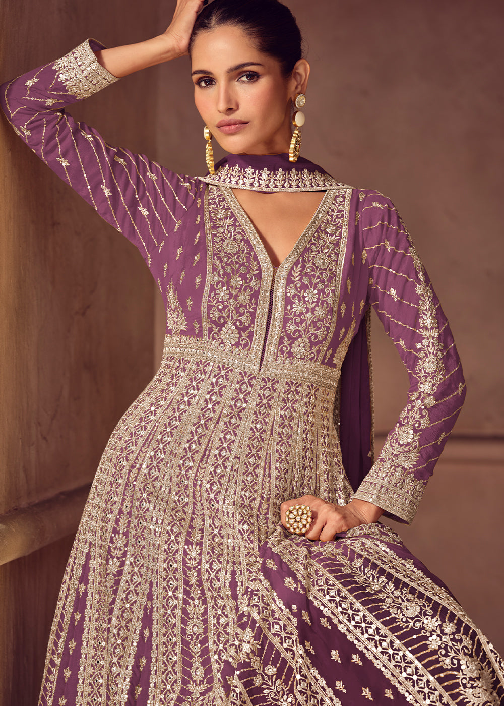 Shades of Purple Ombre Chinon Silk Anarkali Gown with Heavy Embroidery & Sequin Threadwork