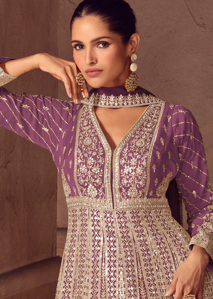 Shades of Purple Ombre Chinon Silk Anarkali Gown with Heavy Embroidery & Sequin Threadwork