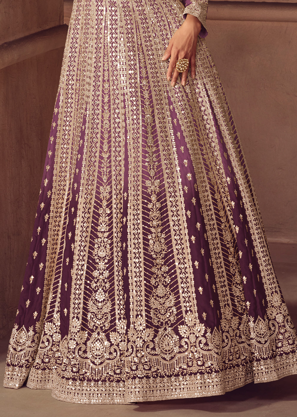 Shades of Purple Ombre Chinon Silk Anarkali Gown with Heavy Embroidery & Sequin Threadwork