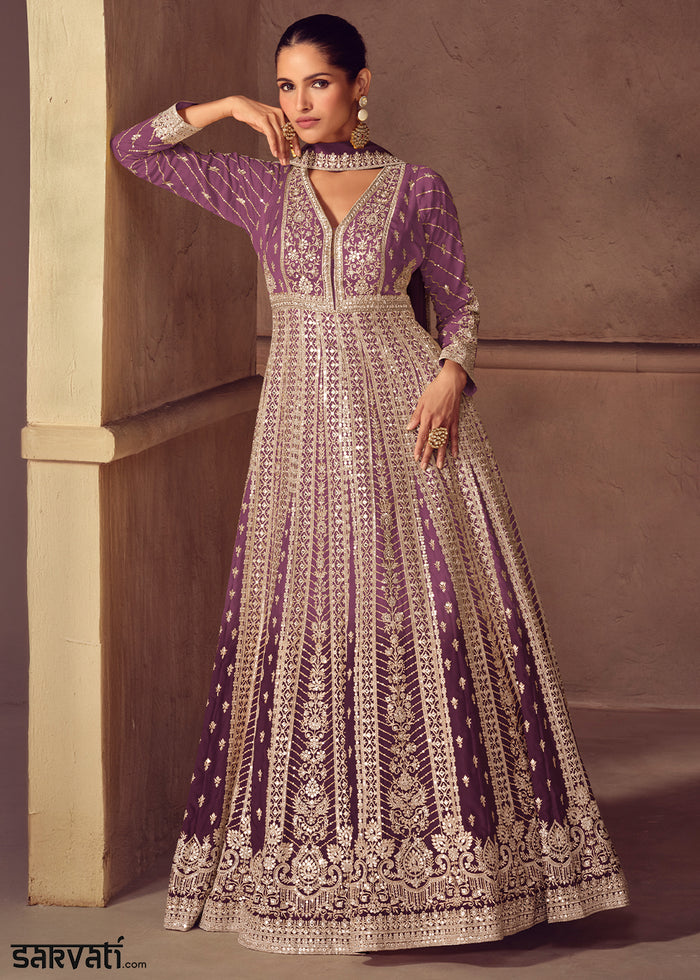 Shades of Purple Ombre Chinon Silk Anarkali Gown with Heavy Embroidery & Sequin Threadwork