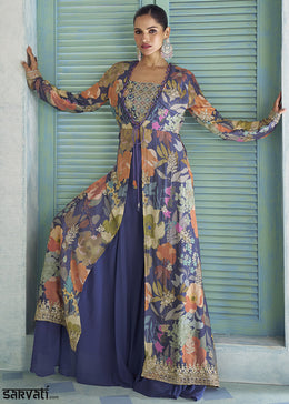 Amethyst Purple Chinon Silk Embroidered Palazzo Suit with Floral Overlay Jacket