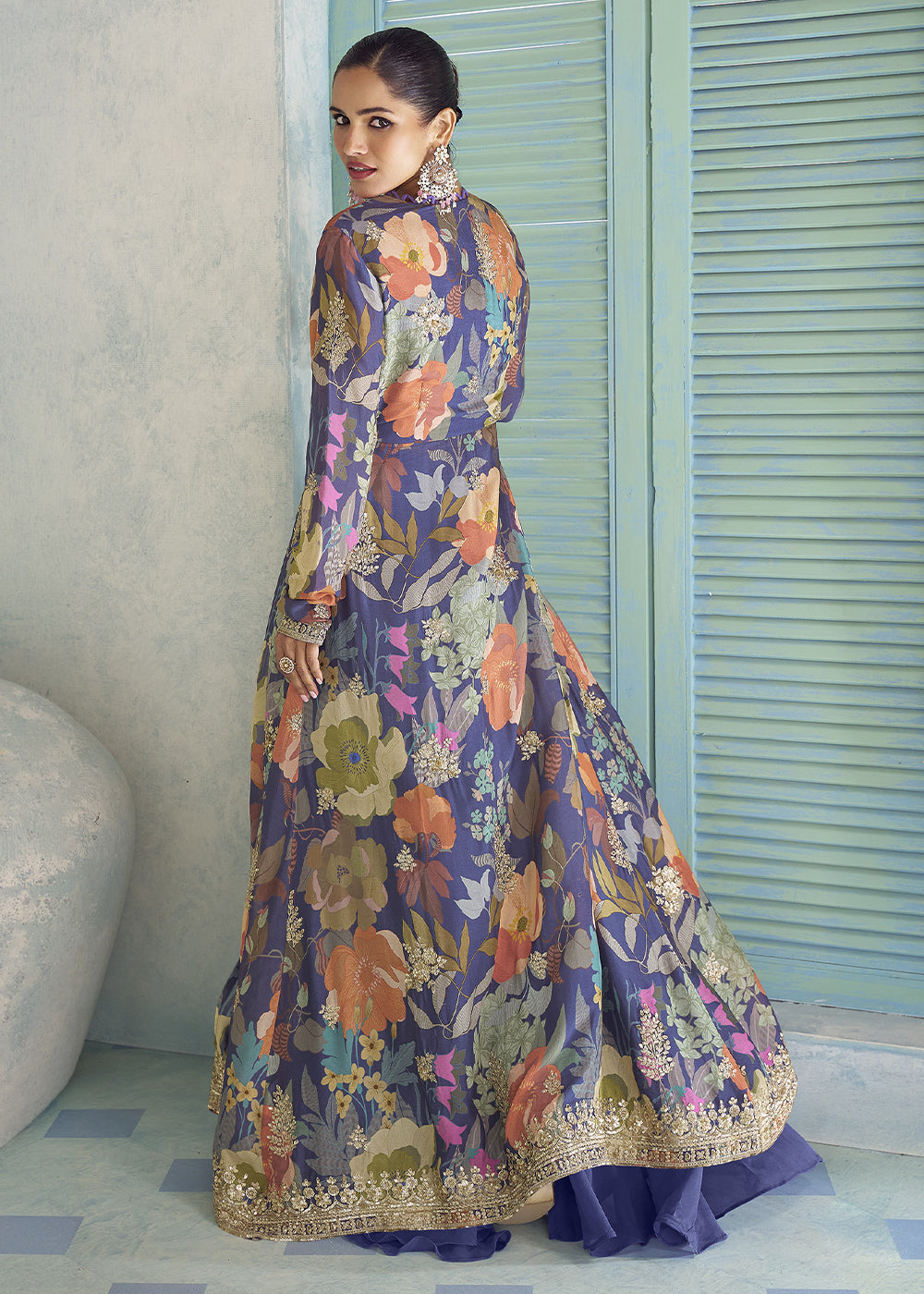 Amethyst Purple Chinon Silk Embroidered Palazzo Suit with Floral Overlay Jacket