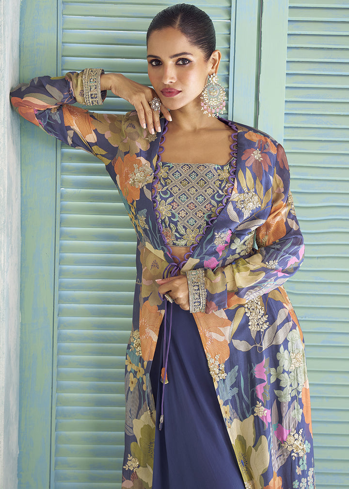 Amethyst Purple Chinon Silk Embroidered Palazzo Suit with Floral Overlay Jacket