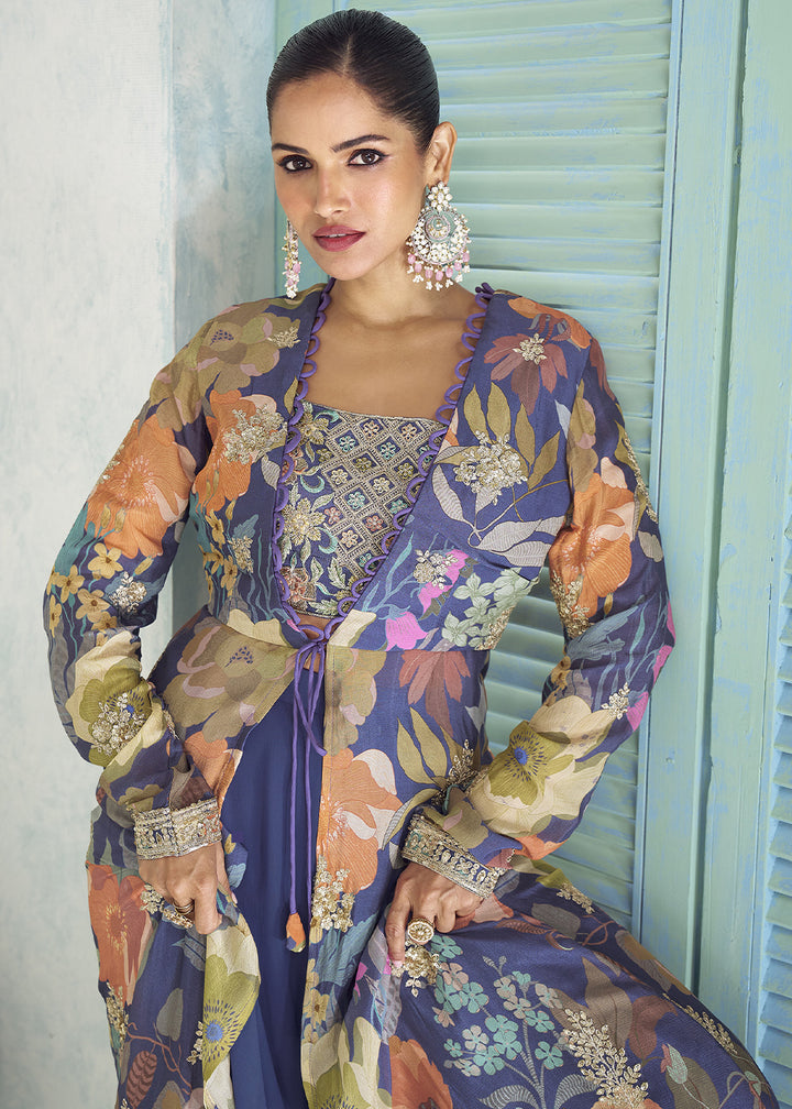 Amethyst Purple Chinon Silk Embroidered Palazzo Suit with Floral Overlay Jacket