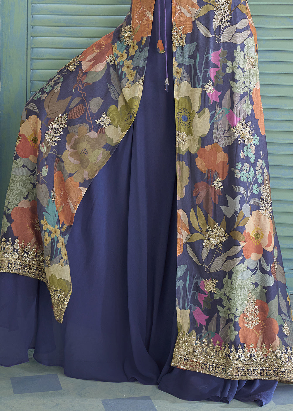 Amethyst Purple Chinon Silk Embroidered Palazzo Suit with Floral Overlay Jacket