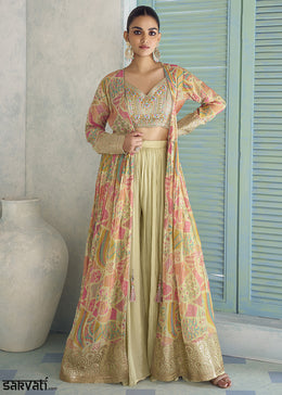 Greenish Yellow Chinon Silk Embroidered Palazzo Suit with Floral Overlay Jacket
