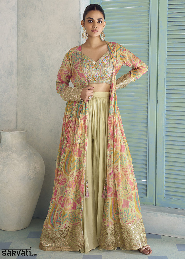 Greenish Yellow Chinon Silk Embroidered Palazzo Suit with Floral Overlay Jacket