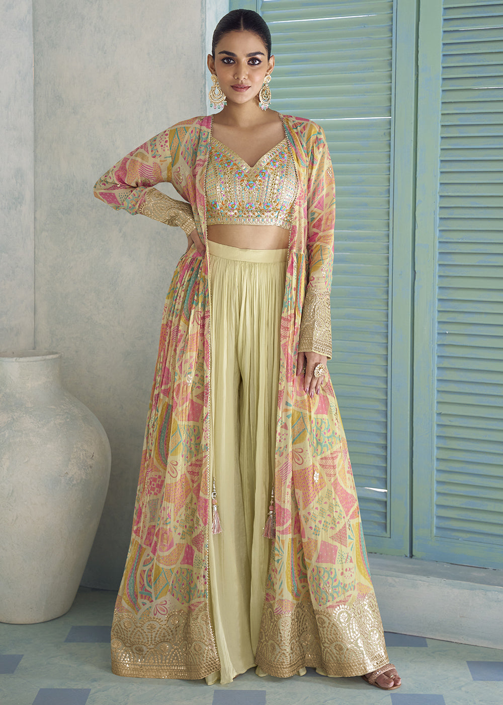 Greenish Yellow Chinon Silk Embroidered Palazzo Suit with Floral Overlay Jacket