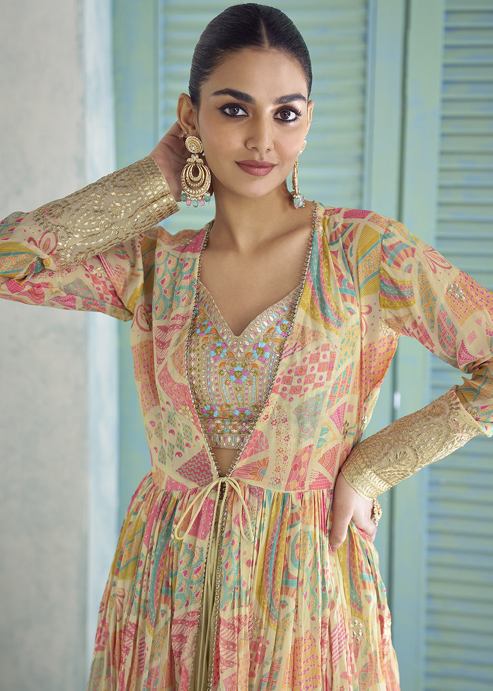 Greenish Yellow Chinon Silk Embroidered Palazzo Suit with Floral Overlay Jacket