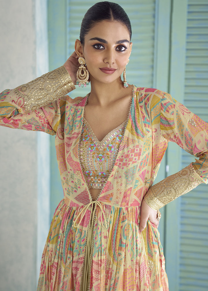 Greenish Yellow Chinon Silk Embroidered Palazzo Suit with Floral Overlay Jacket