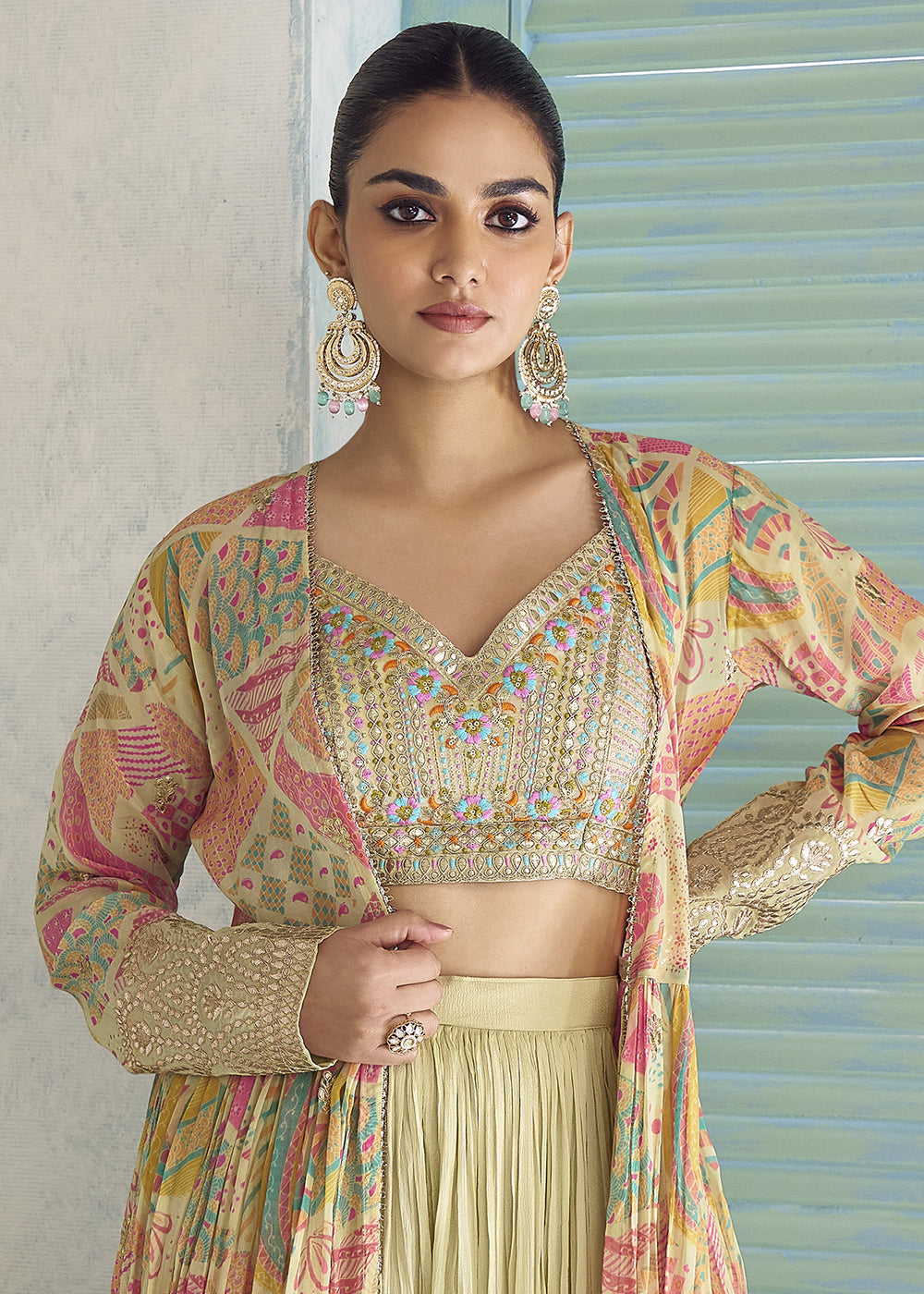 Greenish Yellow Chinon Silk Embroidered Palazzo Suit with Floral Overlay Jacket