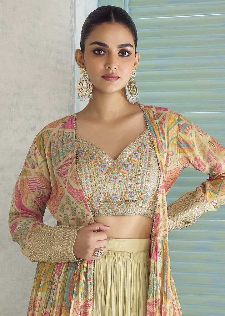 Greenish Yellow Chinon Silk Embroidered Palazzo Suit with Floral Overlay Jacket