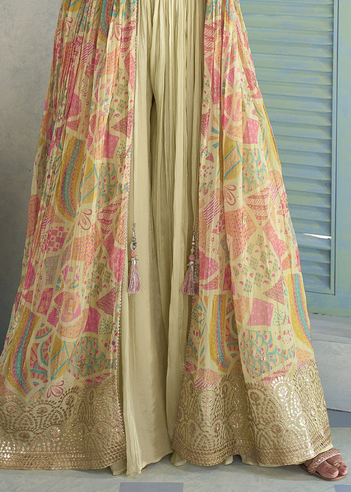 Greenish Yellow Chinon Silk Embroidered Palazzo Suit with Floral Overlay Jacket