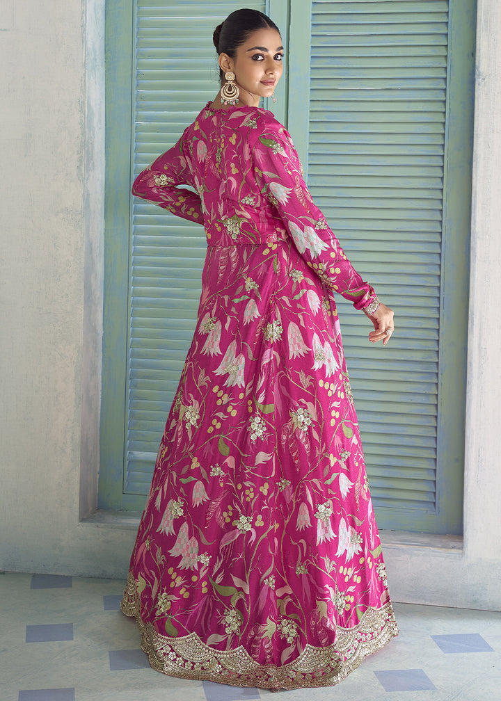 Magenta Pink Chinon Silk Embroidered Palazzo Suit with Floral Overlay Jacket