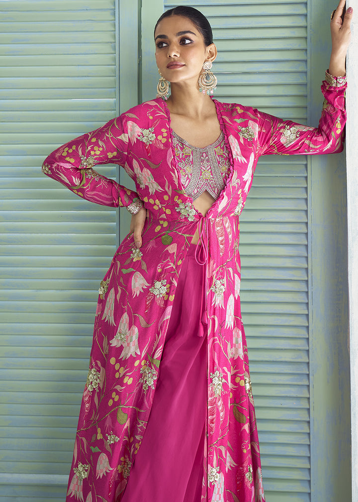 Magenta Pink Chinon Silk Embroidered Palazzo Suit with Floral Overlay Jacket